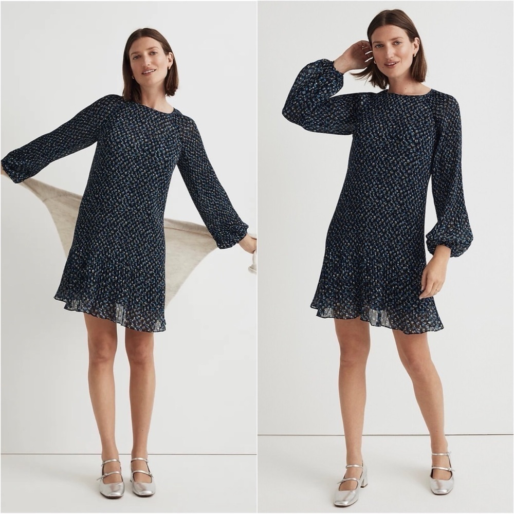 Madewell Dress Crinkle Georgette Mini Long Sleeve in Floral Blue XS NWT New